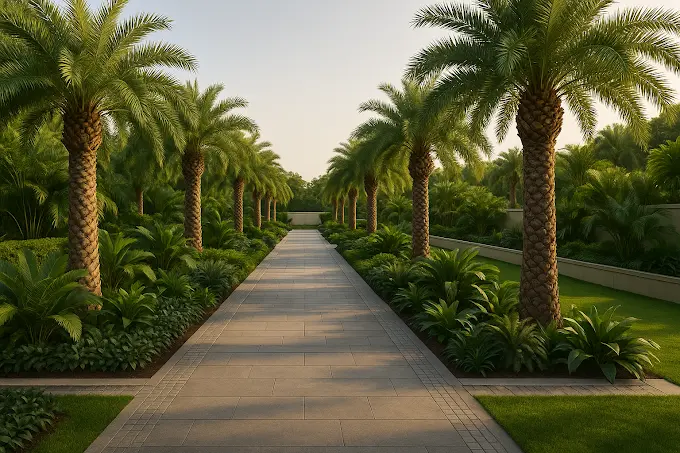 Palm tree-lined garden pathway with trimmed hedges