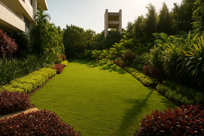 Sloped vertical garden on hill with colorful flowering plants