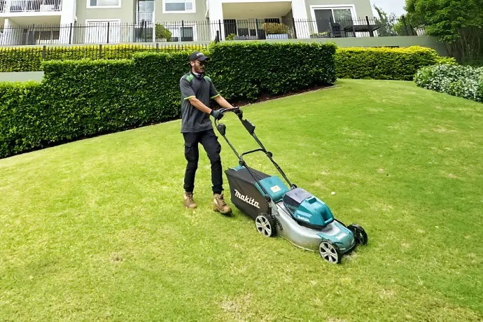Gardener mowing a large lawn with a grass cutter machine