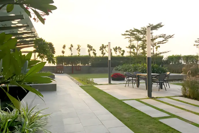 Walkway surrounded by trimmed plants and palm trees
