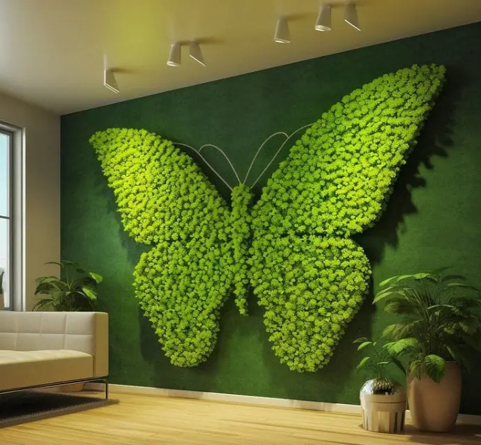 Wall-mounted butterfly-shaped vertical garden with greenery