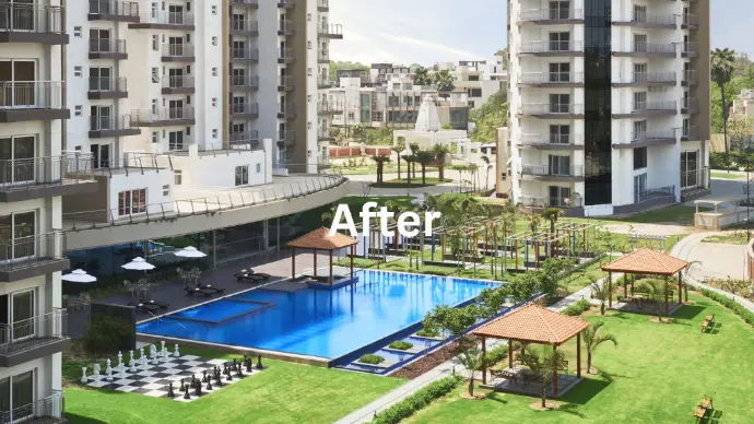 After landscaping image of a modern apartment garden with pool