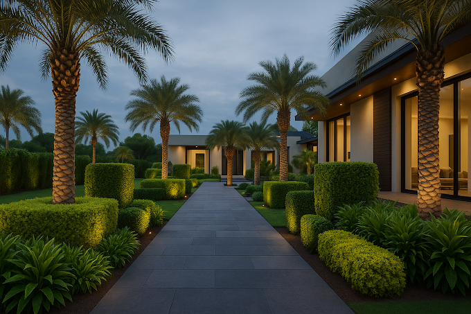 Palm tree-lined pathway in a luxury landscape garden